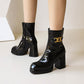 Women Patent Leather Metal Chains Block Heel Platform Short Boots