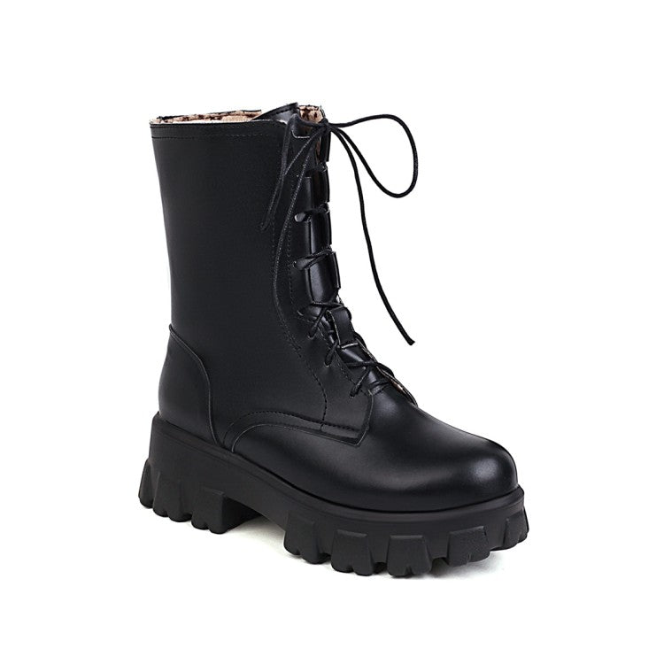 Women Glossy Round Toe Lace Up Flat Side Zippers Platform Short Boots