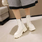 Women Glossy Lace Up Side Zippers Block Heel Platform Short Boots