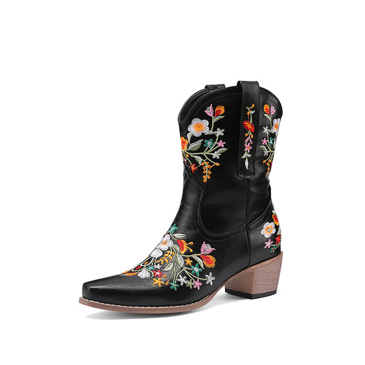 Women Pu Leather Pointed Toe Floral Embroidery Puppy Heel Cowboy Short Boots