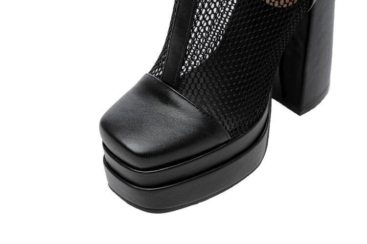 Square Toe Mesh Buckle Zipper Block Platform Mid Calf Boots for Women