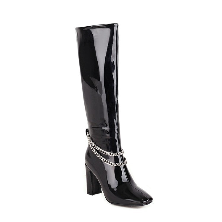 Glossy Metal Chains Side Zippers Chunky Heel Knee-High Boots for Women
