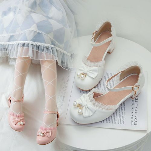 Women's Bow Pearl Mary Jane Mid Heels Sandals