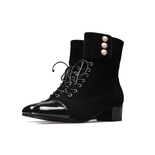Women Lace Up Pearl Low Heels Short Boots