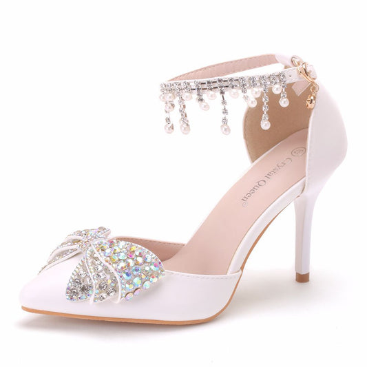 Women Tassel Rhinestone Pointed Toe Bow Tie Bridal Wedding Shoes Stiletto Heel Sandals