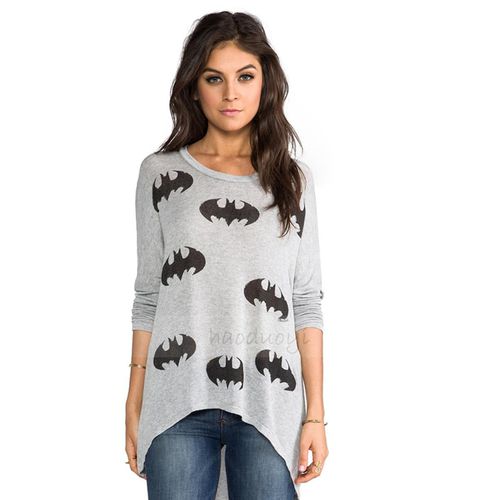 British Bat Print  Spring Loose Round Neck Long Sleeve Top Women T Shirts