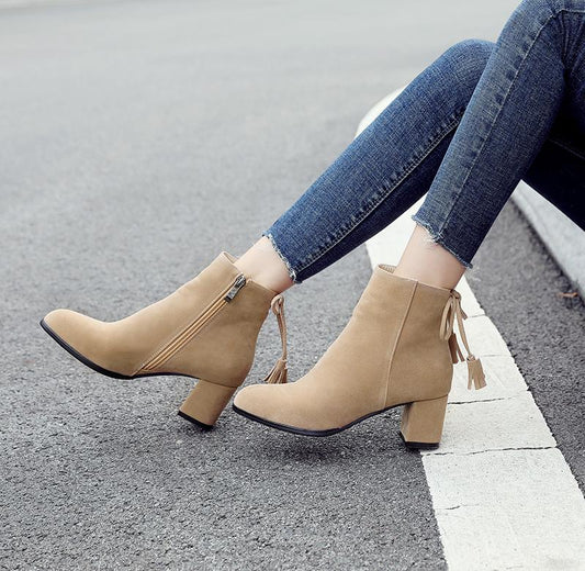 Chunky Heels Faux Suede Tassel Short Boots