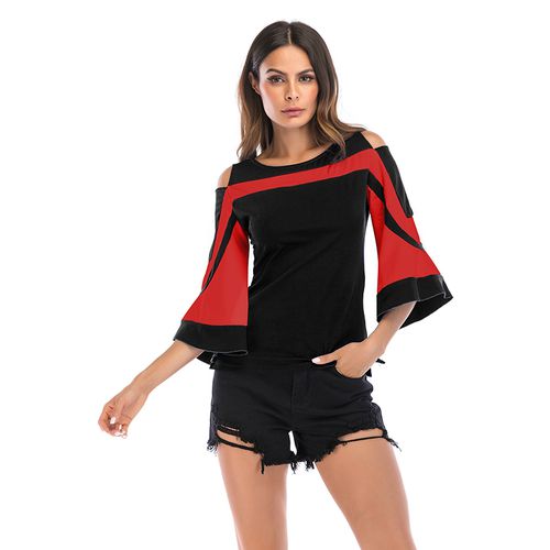 Round-necked Off-the-shoulder Flared Sleeve Top Trim Women T Shirts