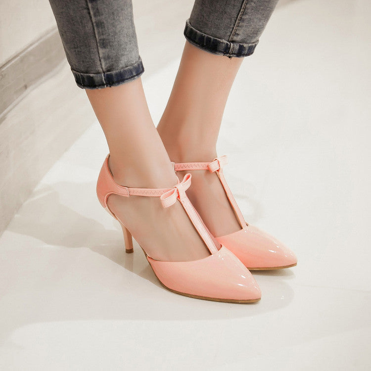 Women High Heels Pointed Toe Butterfly Knot T Strap Stiletto Sandals