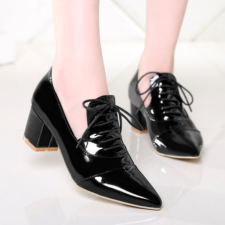 Women Pointed Toe Lace Up Chunky Heel Pumps