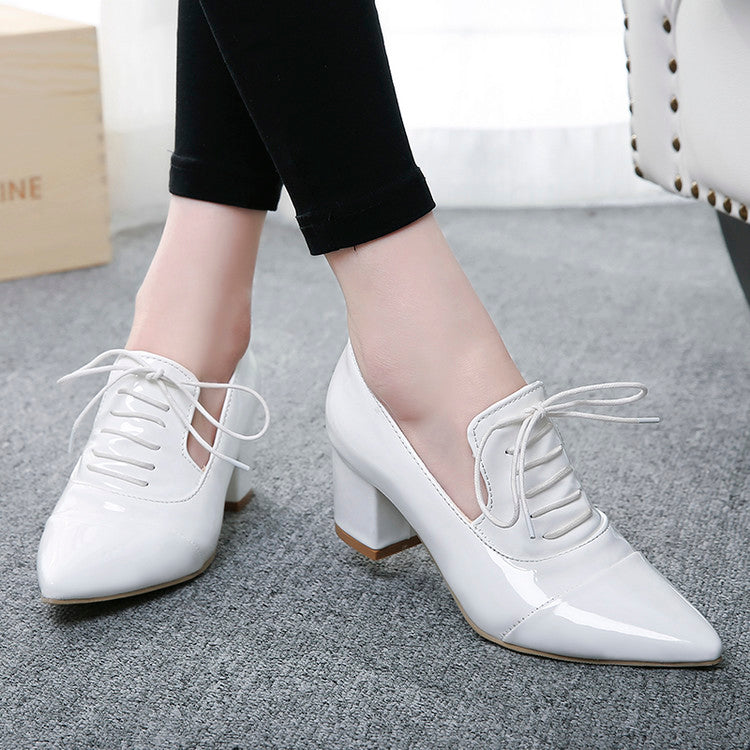 Women Pointed Toe Lace Up Chunky Heel Pumps