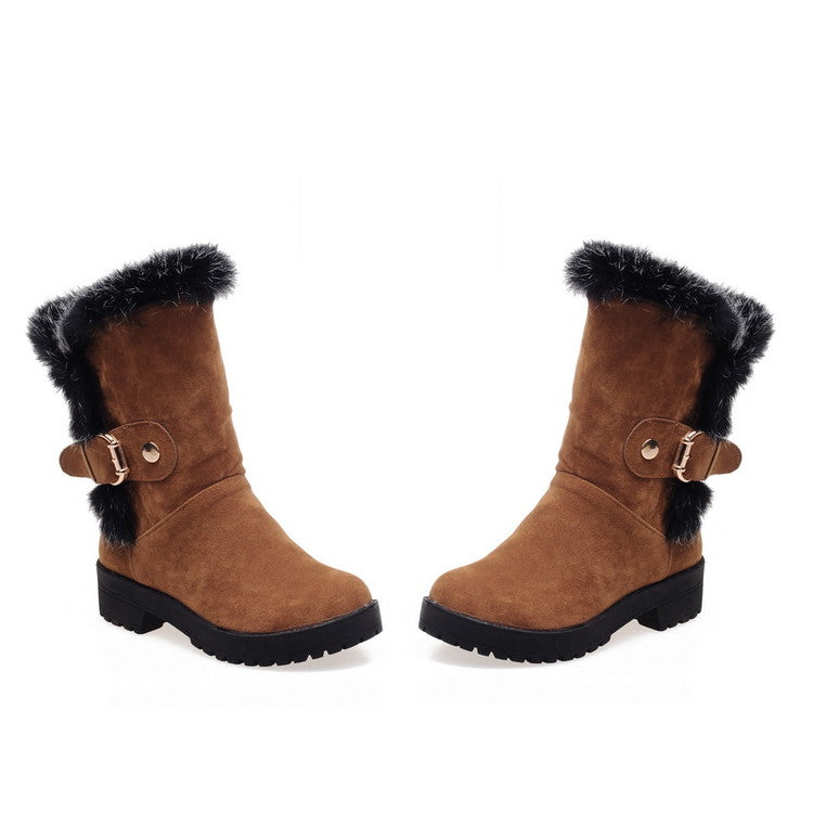 Women Fur Buckle Belt Block Heel Snow Boots