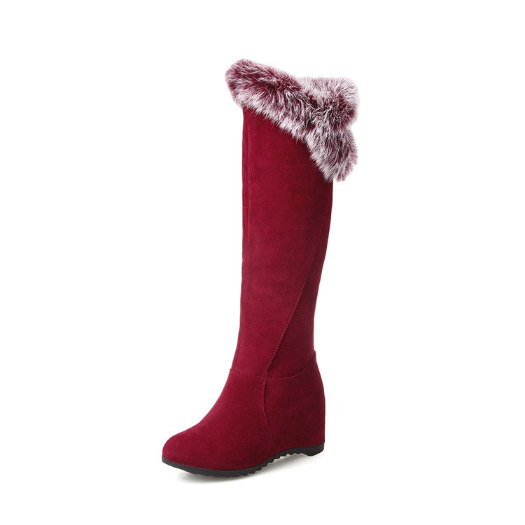 Women Fur Wedges Heels Knee High Snow Boots