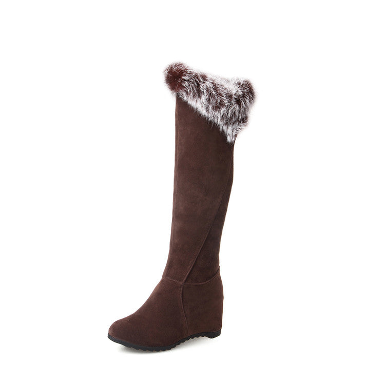 Women Fur Wedges Heels Knee High Snow Boots
