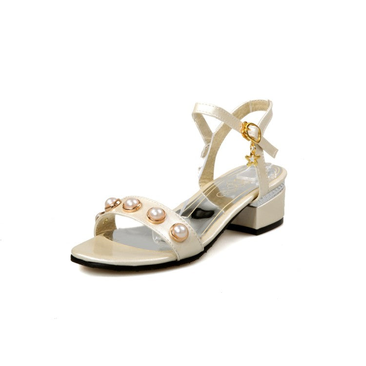 Women Chunky Heel Solid Color Peep Toe Buckle Strap Pearls Sandals