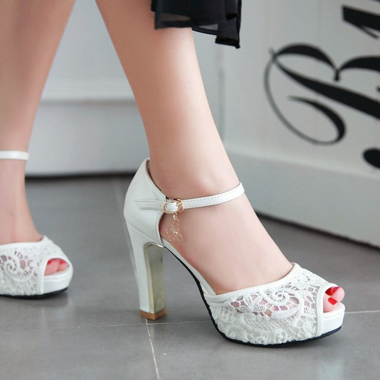 Women Lace Ankle Strap Flora Mesh High Heel Platform Sandals