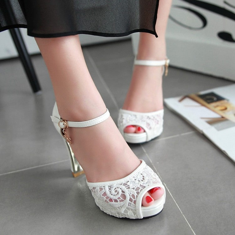 Women Lace Ankle Strap Flora Mesh High Heel Platform Sandals