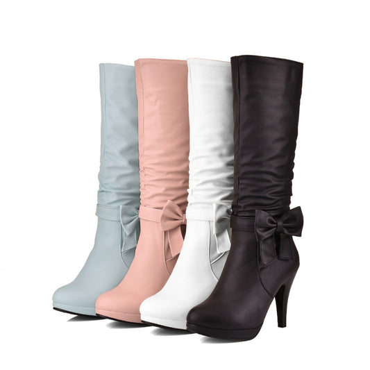 Bow Tie Slouch Cone Heel Platform Side Zippers Knee High Boots for Women