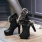 Women Pu Leather Round Toe Fur Chunky Heel Platform Short Boots