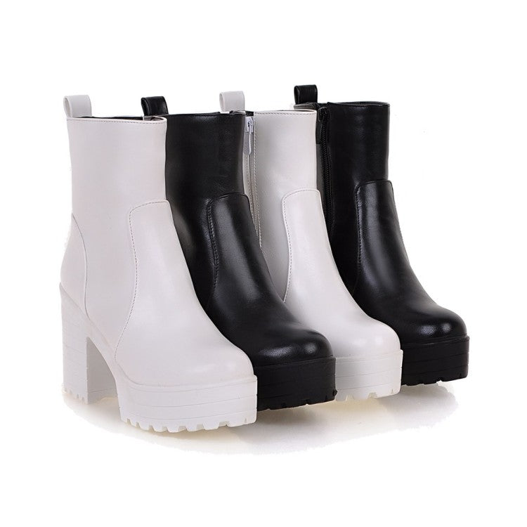 Women Pu Leather Round Toe Block Heel Platform Short Boots