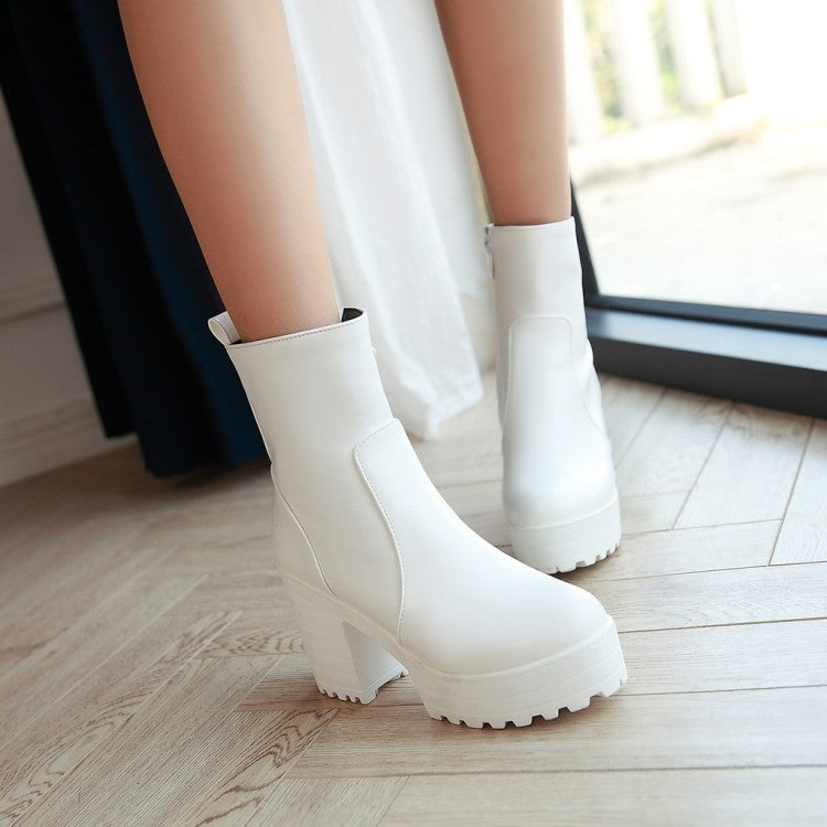 Women Pu Leather Round Toe Block Heel Platform Short Boots