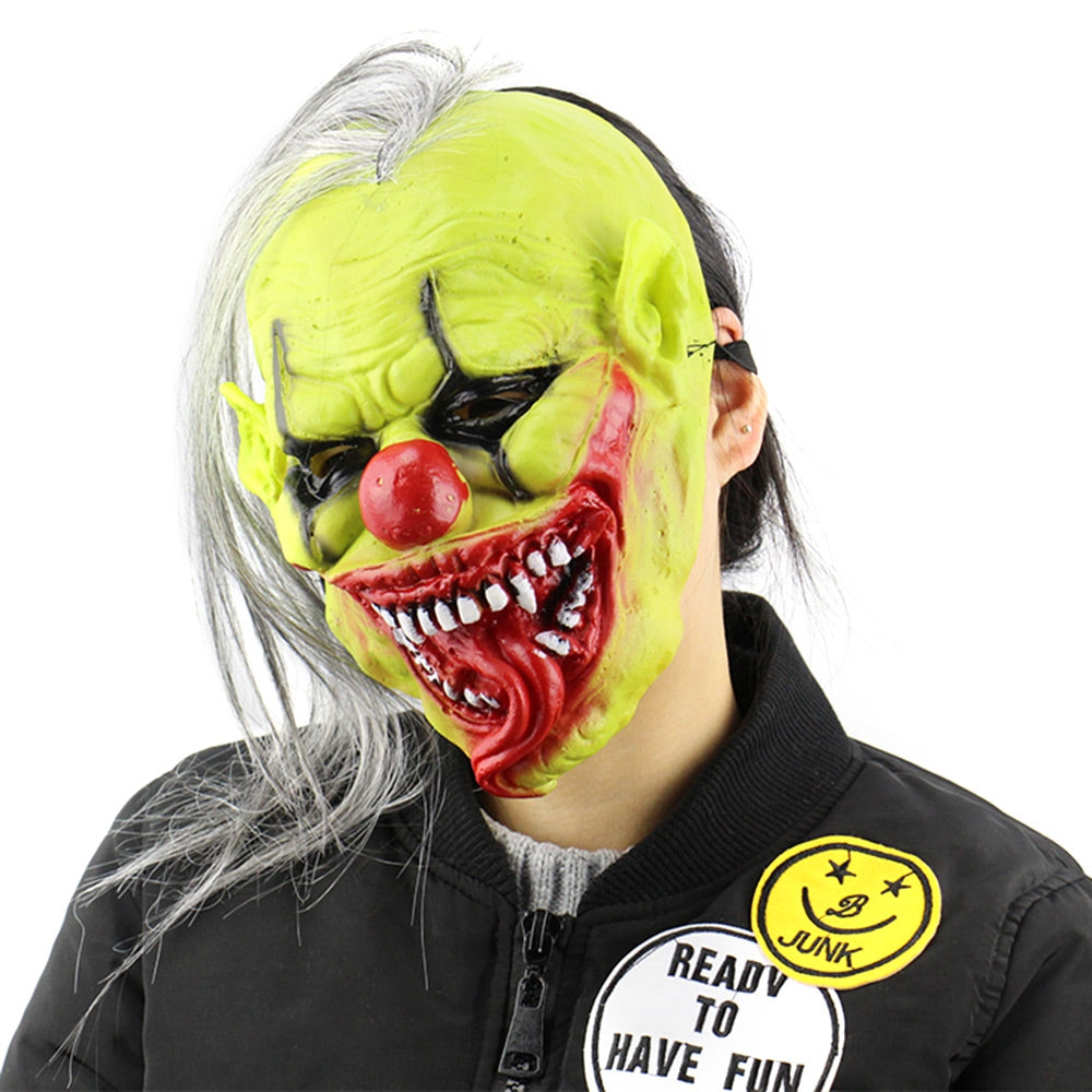 Green Face Clown Latex Halloween Mask with Wig Hair Masquerade