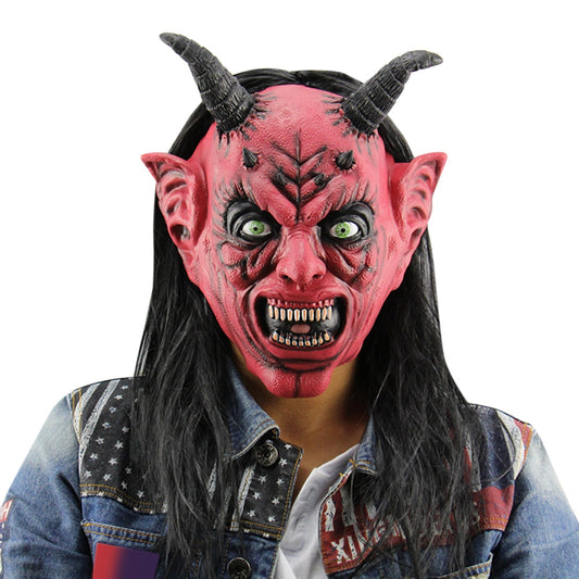 Masquerade Devil Satanism Latex Halloween Mask with Wig Ox Horn