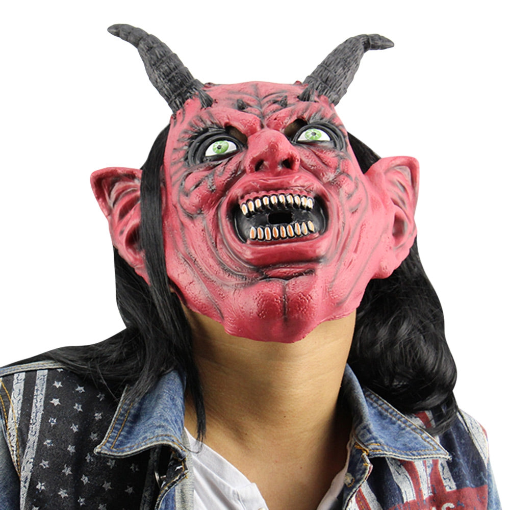 Masquerade Devil Satanism Latex Halloween Mask with Wig Ox Horn