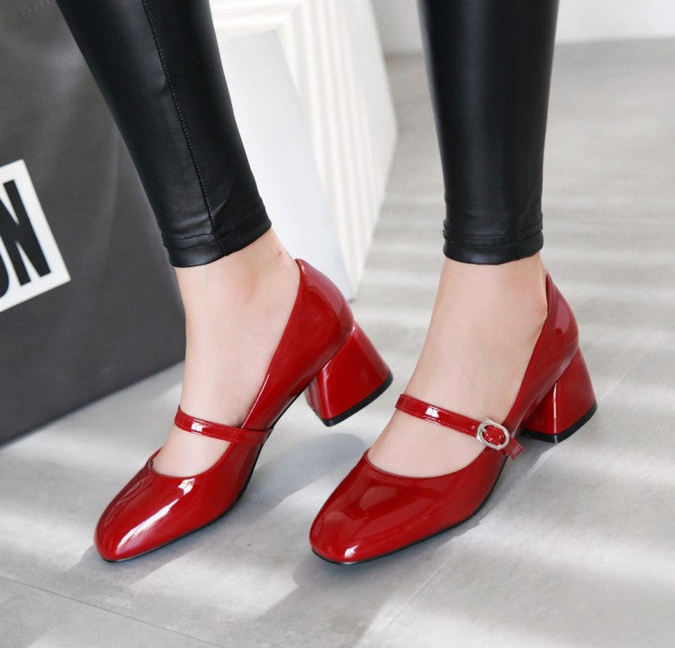 Women Patent Leather High Heel Chunky Pumps