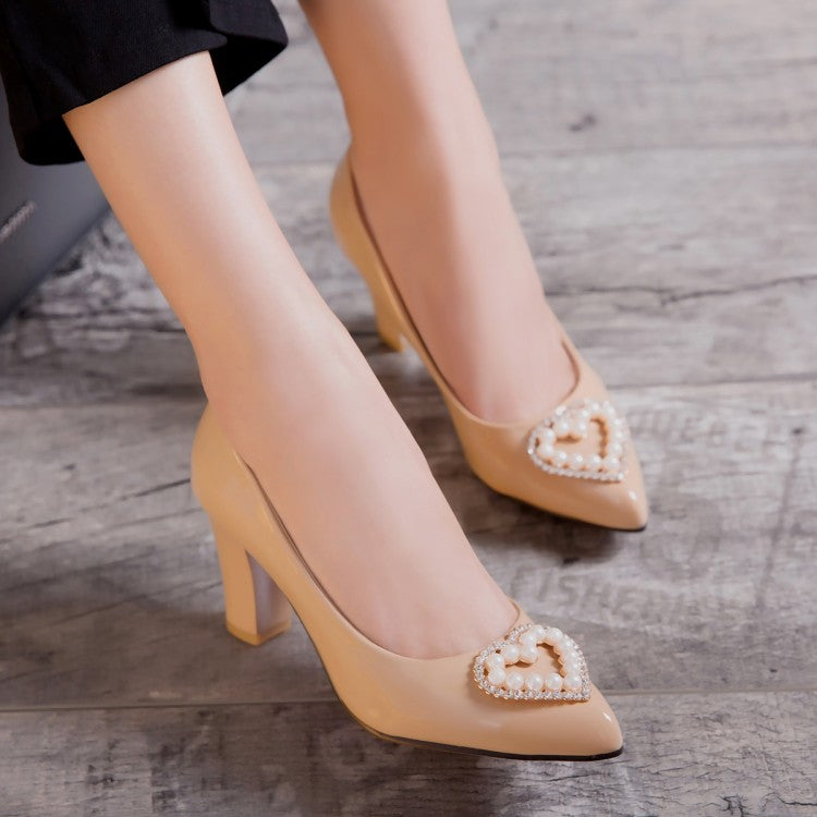 Women Pearl Block Heels Pumps Wedding Shoes
