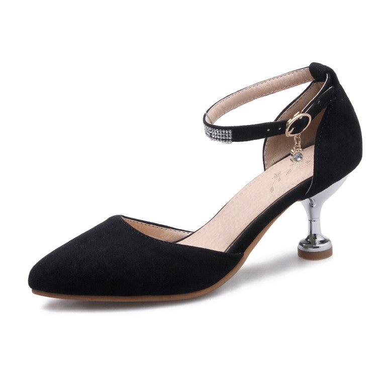 Women High Heels Suede Fabric Pointed Toe Ankle Strap Rhinestone Medium Heel Stiletto Sandals