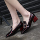 Women Patent Leather Buckle Chunky Heel Pumps