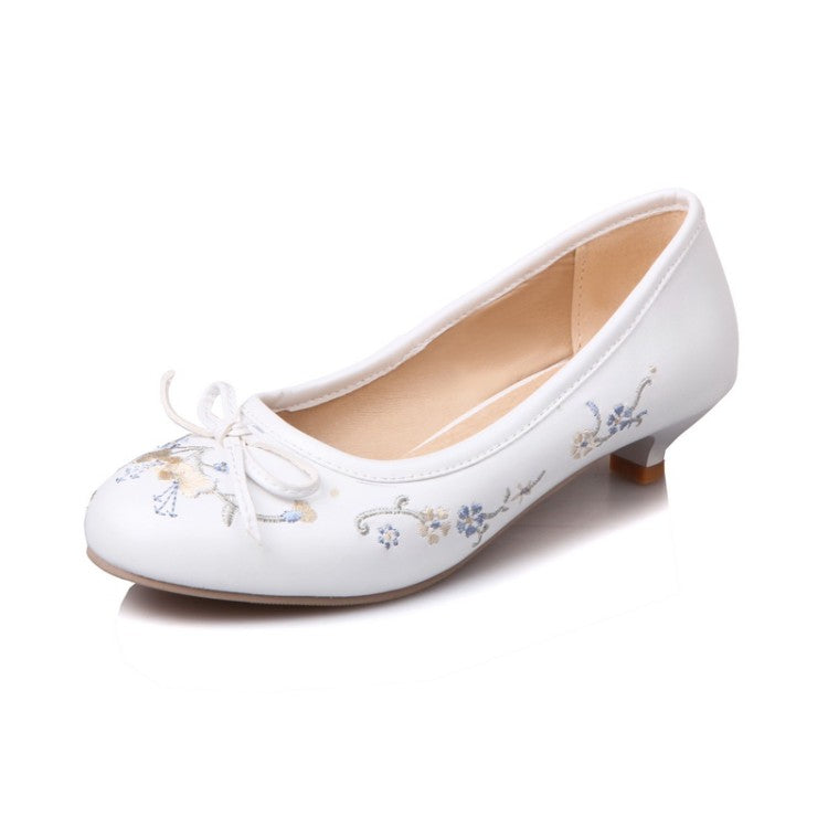 Women Embroidered Knot Chunky Heels Pumps