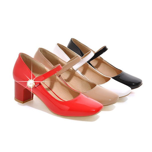 Women Mary Jane with Pearl Block Heels Pumps