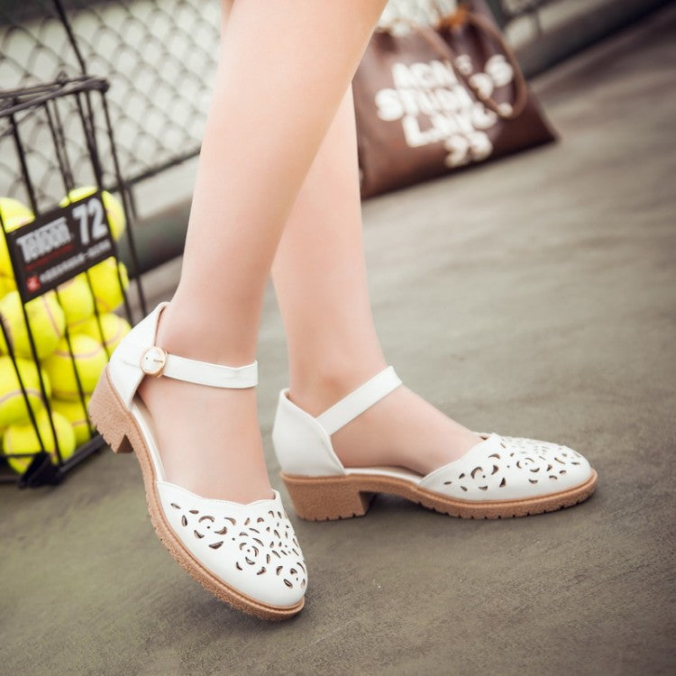 Women Round Toe Hollow Out Ankle Strap Block Heel Sandals