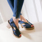 Women Denim Peep Toe Hollow Out Chunky Heel Platform Sandals