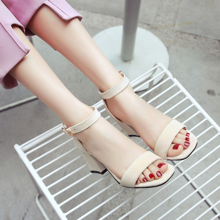 Women Solid Color Ankle Strap Block Heel Sandals