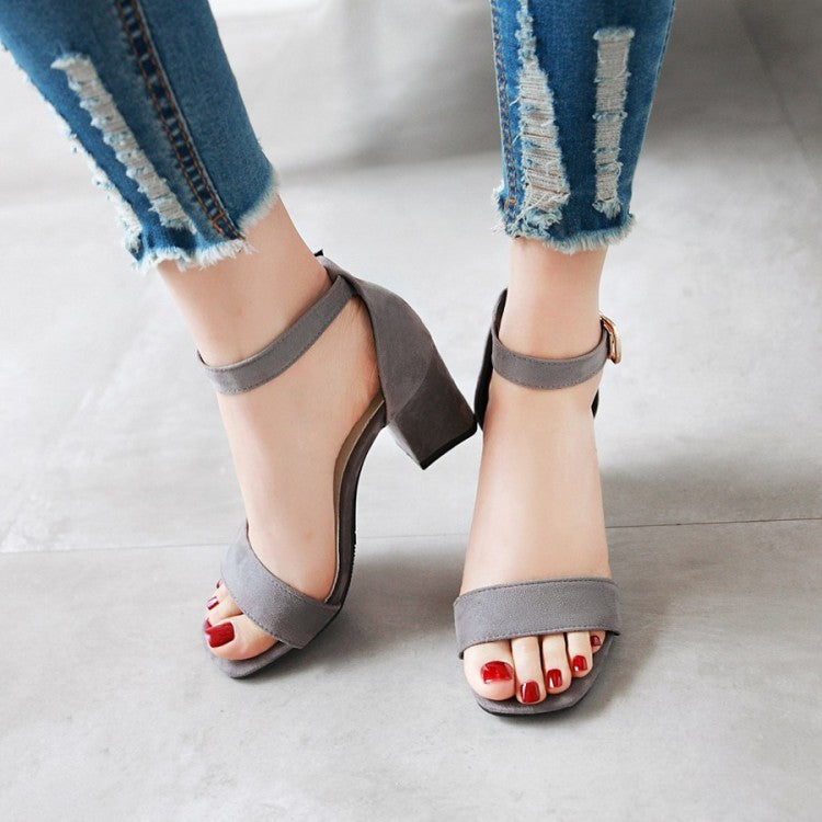 Women Solid Color Ankle Strap Block Heel Sandals
