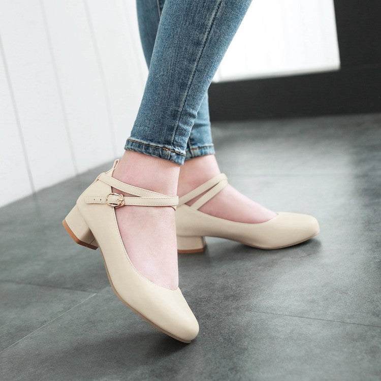 Women Ankle Strap Chunky Pumps Low Heels Shoes