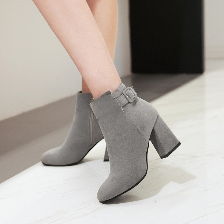 Ladies Suede Round Toe Belts Buckles Chunky Heel Side Zippers Short Boots