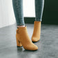 Ladies Suede Round Toe Belts Buckles Chunky Heel Side Zippers Short Boots
