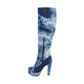 Women Tie Dye Suede Side Zippers Chunky Heel Platform Knee High Boots
