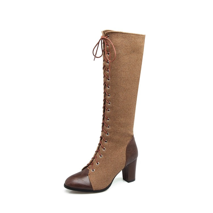 Women Pu Leather Suede Patchwork Lace Up Block Heel Knee High Boots