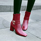 Women Pu Leather Square Toe Belts Buckles Block Heel Short Boots