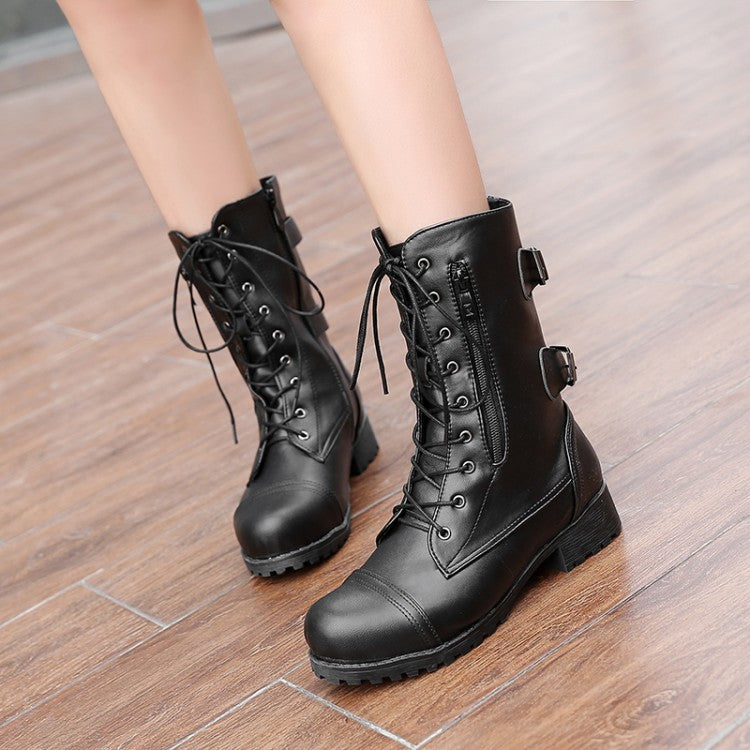 Women Side Zippers Lace Up Block Chunky Heel Riding Short Boots