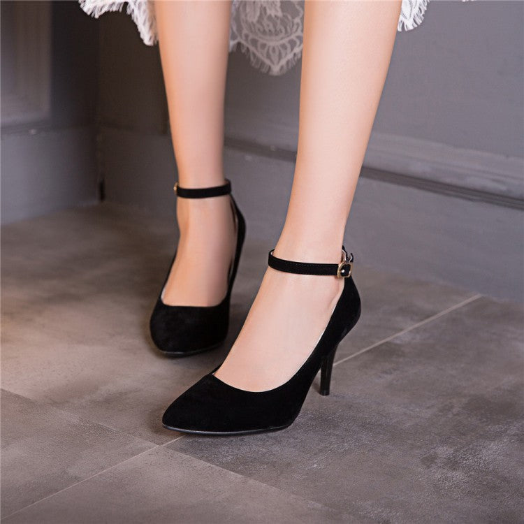 Women's Ankle Strap Velvet High Heels Stiletto Pumps