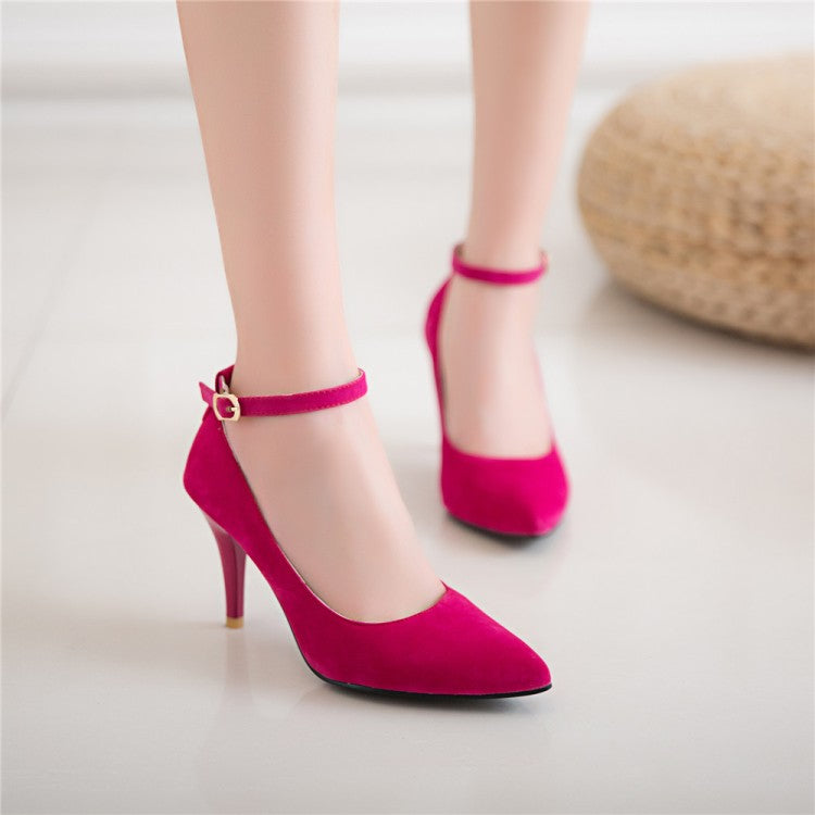 Women's Ankle Strap Velvet High Heels Stiletto Pumps