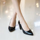 Women Pointed Toe Patent Leather Block Heels Pumps