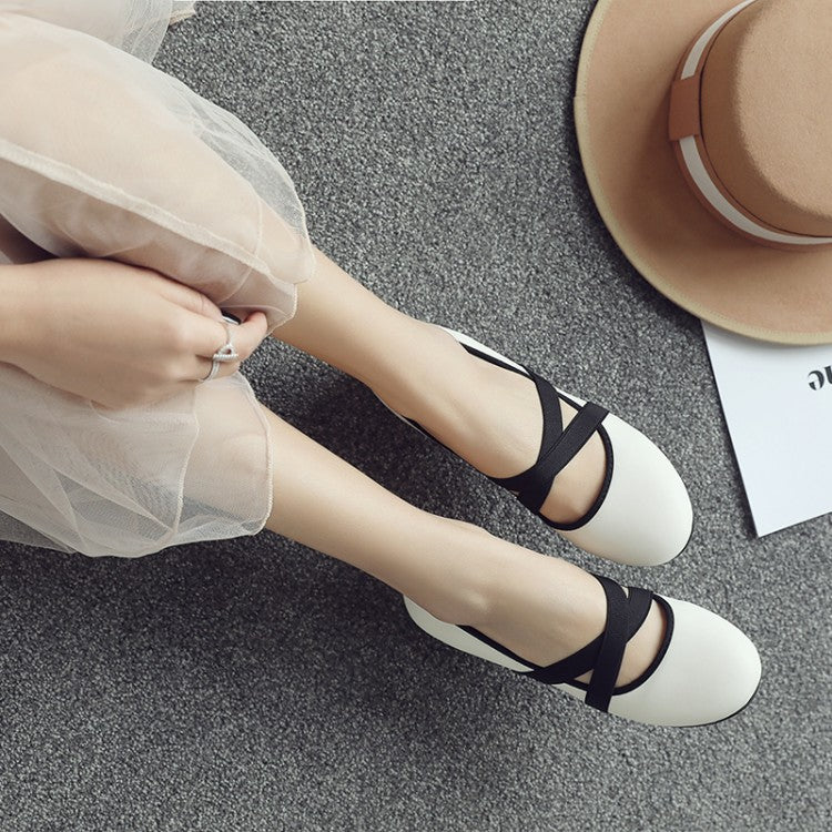 Women Solid Color Round Toe Cross Strap Flat Shoes