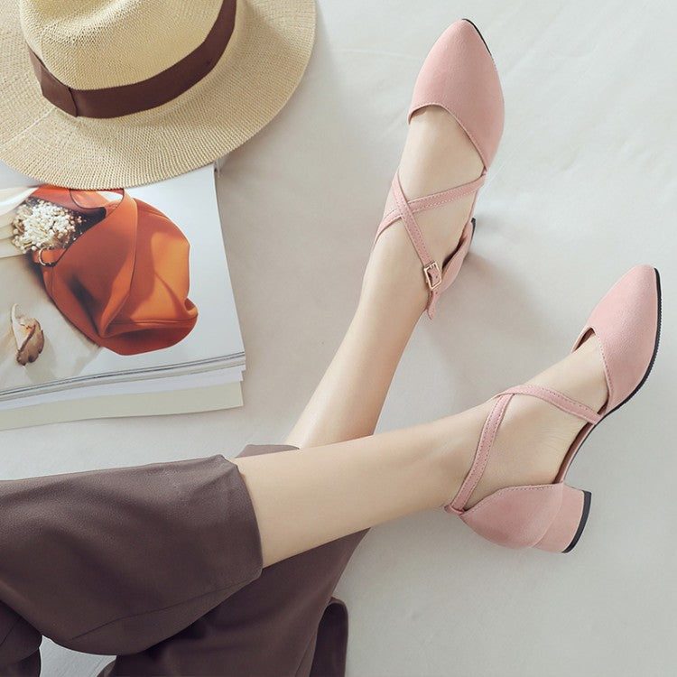Women Suede Pointed Toe Hollow Out Block Heel Sandals